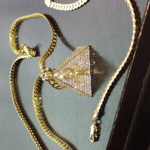 ANCIENT EGYPTIAN "3-D" PYRAMID, w/ "ANKH", PENDANT;  LAB-CREATED DIAs. & GOLD...